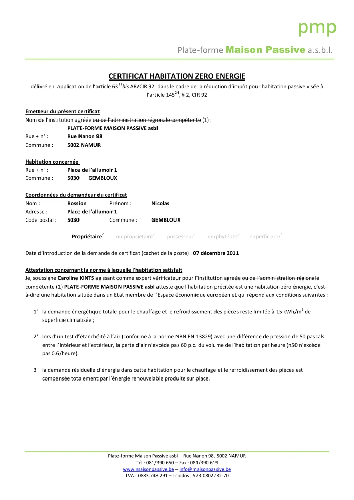 Certificat Habitation zéro énergie de 2011